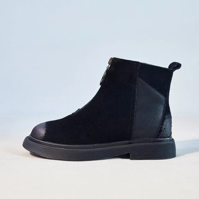 Winter Short Plush Warm Leather Ankle Boots Woman Low Heel Front Zipper Brand Fashion Short Boots Ladies Motorcycle Boots