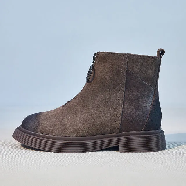 Winter Short Plush Warm Leather Ankle Boots Woman Low Heel Front Zipper Brand Fashion Short Boots Ladies Motorcycle Boots