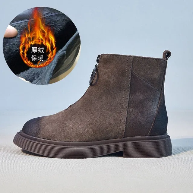 Winter Short Plush Warm Leather Ankle Boots Woman Low Heel Front Zipper Brand Fashion Short Boots Ladies Motorcycle Boots