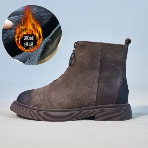 Winter Short Plush Warm Leather Ankle Boots Woman Low Heel Front Zipper Brand Fashion Short Boots Ladies Motorcycle Boots