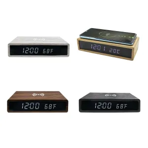 Wireless Charger Clock with LED Clock for iPhone and Samsung Galaxy, Wooden Digital Alarm Clock Charging Station