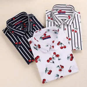 Women Cherry Blouses Long Sleeve Shirt Turn Down Collar Floral Blouse Women And Blouses Fashion