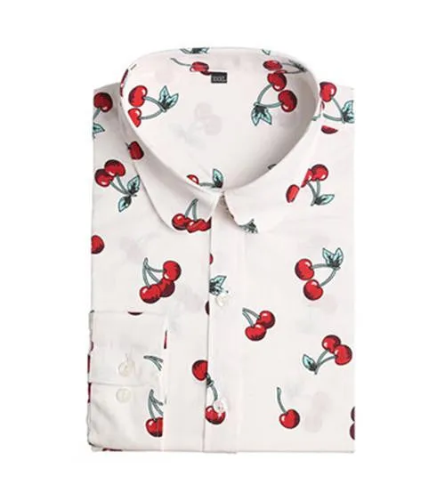 Women Cherry Blouses Long Sleeve Shirt Turn Down Collar Floral Blouse Women And Blouses Fashion