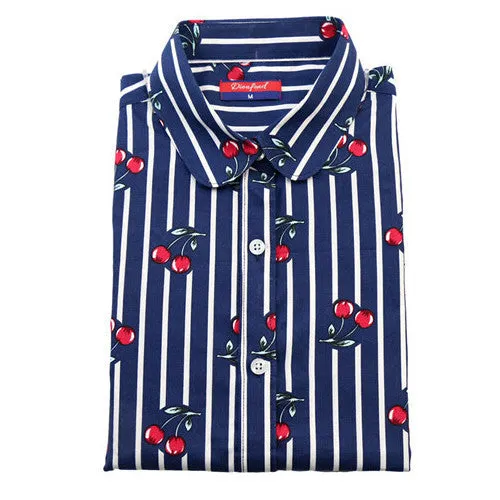 Women Cherry Blouses Long Sleeve Shirt Turn Down Collar Floral Blouse Women And Blouses Fashion