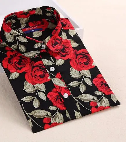 Women Cherry Blouses Long Sleeve Shirt Turn Down Collar Floral Blouse Women And Blouses Fashion