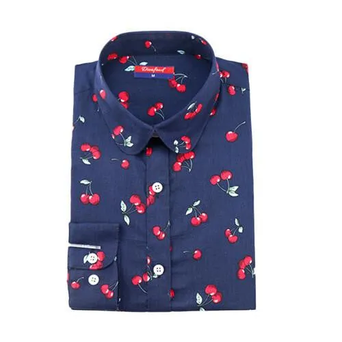 Women Cherry Blouses Long Sleeve Shirt Turn Down Collar Floral Blouse Women And Blouses Fashion