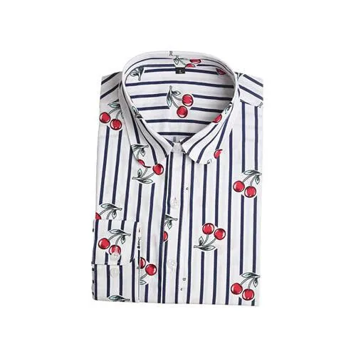 Women Cherry Blouses Long Sleeve Shirt Turn Down Collar Floral Blouse Women And Blouses Fashion