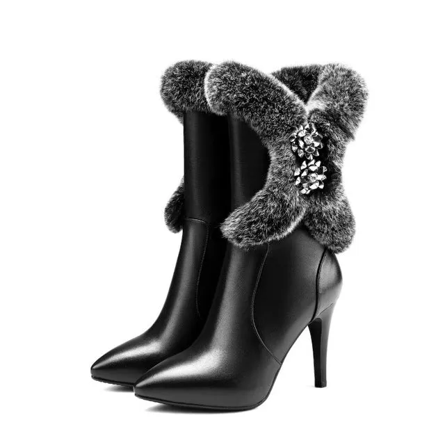 women Mid calf boots cow leather rabbit hair zippers crystal high heels platform winter boots  snow boots