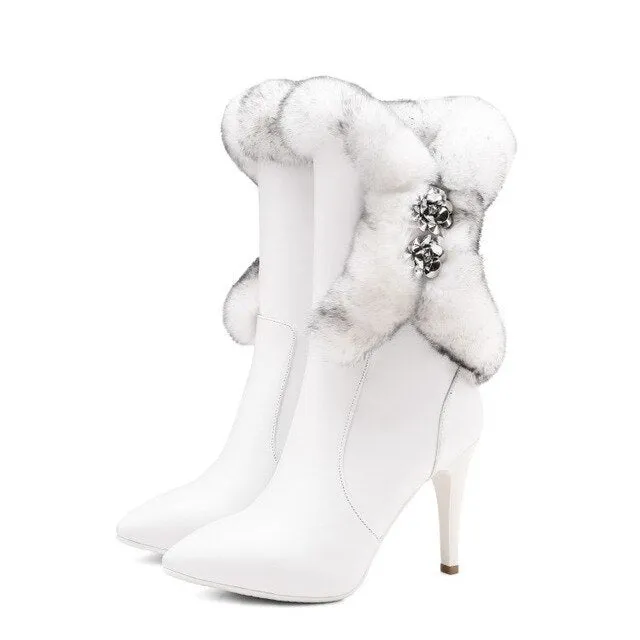 women Mid calf boots cow leather rabbit hair zippers crystal high heels platform winter boots  snow boots