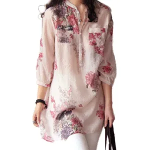 Women Vintage Floral Printed Blouses Elegant 3/4 Sleeve Linen Casual Long Tops Shirts Plus Size