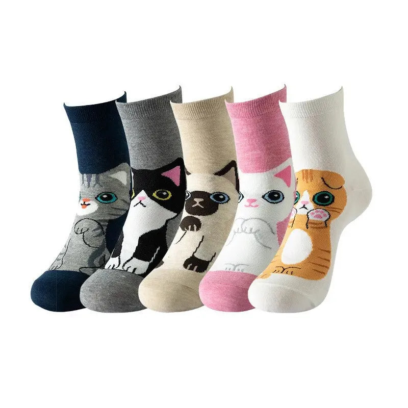Women's Cartoon Cat Cotton Socks - 5 Pairs