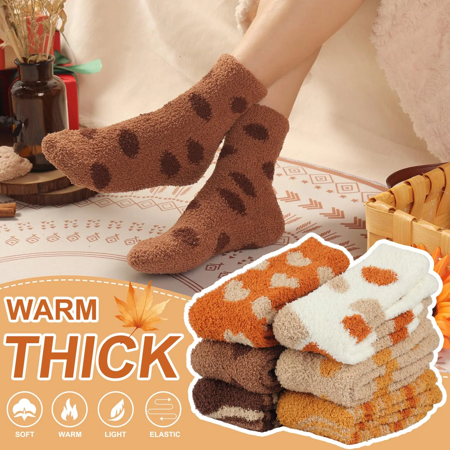 Women's Fluffy Caramel Color Slipper Socks - 6 Pairs