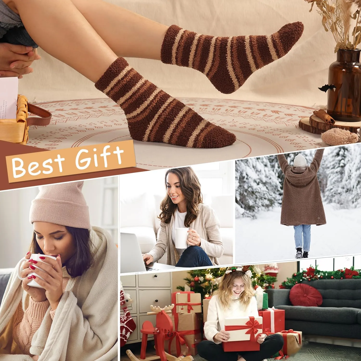 Women's Fluffy Caramel Color Slipper Socks - 6 Pairs