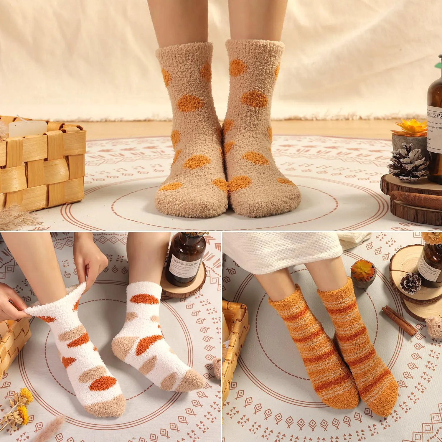Women's Fluffy Caramel Color Slipper Socks - 6 Pairs
