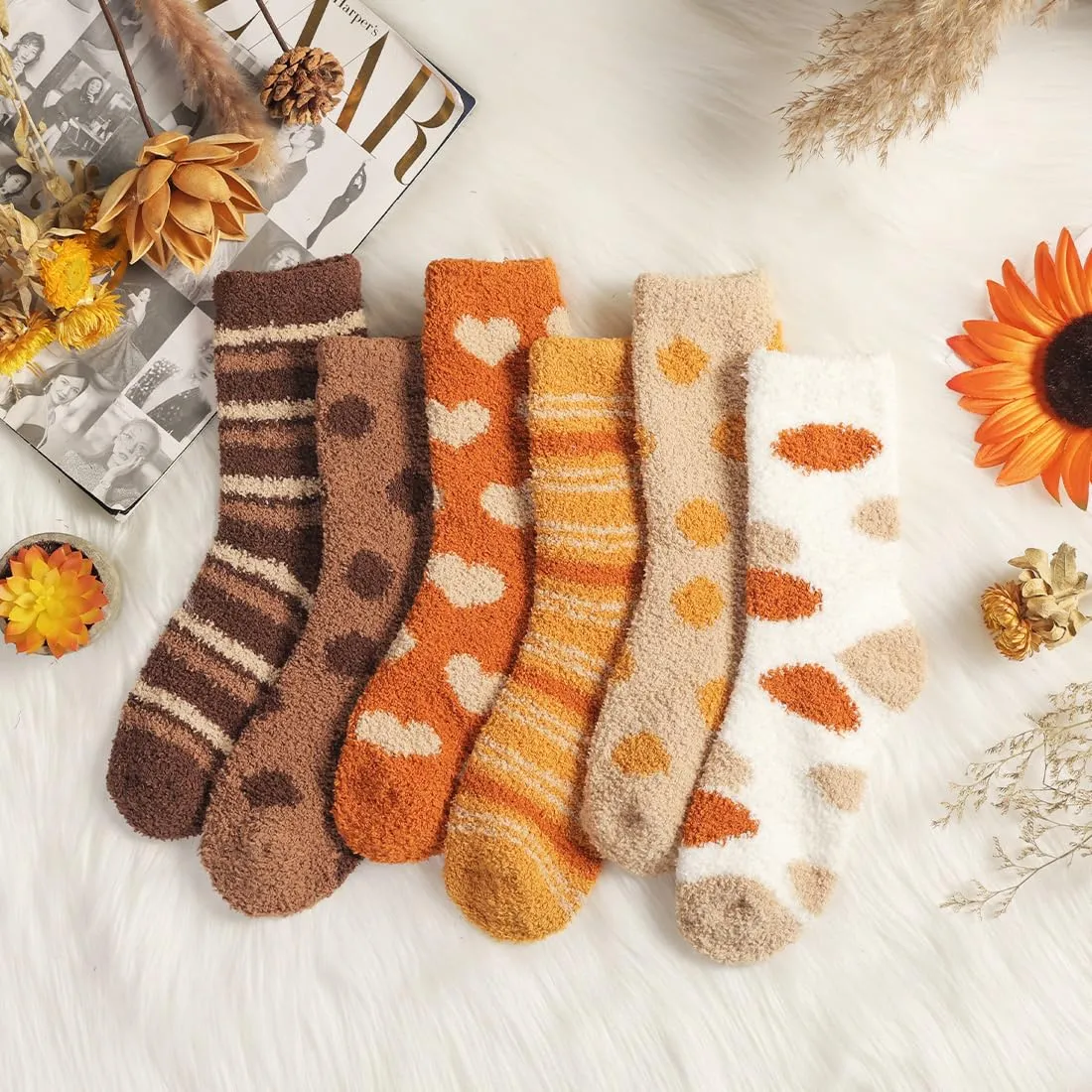 Women's Fluffy Caramel Color Slipper Socks - 6 Pairs