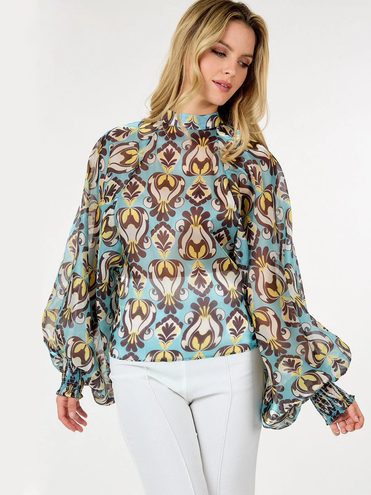 WOMEN'S LONG BALLON SLEEVE MOCK NECK MULTI PRINT BLOUSE