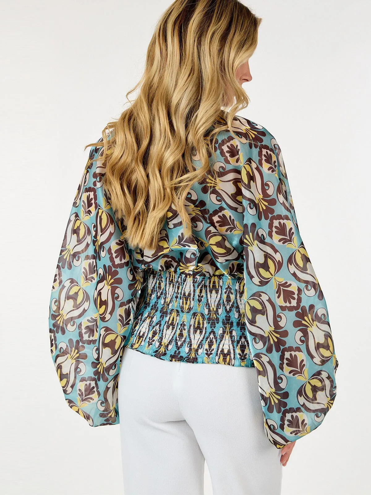WOMEN'S LONG BALLON SLEEVE MOCK NECK MULTI PRINT BLOUSE