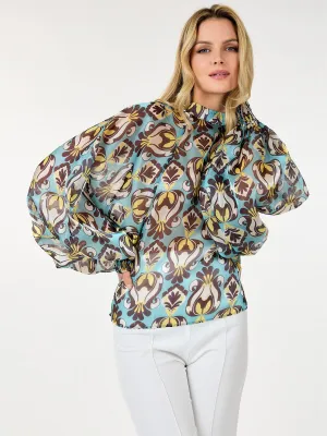WOMEN'S LONG BALLON SLEEVE MOCK NECK MULTI PRINT BLOUSE