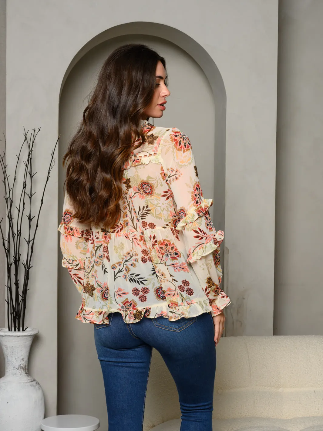 WOMEN'S LONG RUFFLE SLEEVE FLORAL TOP