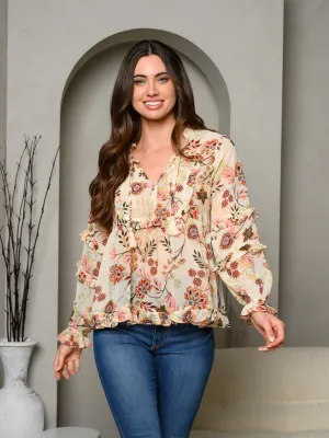 WOMEN'S LONG RUFFLE SLEEVE FLORAL TOP