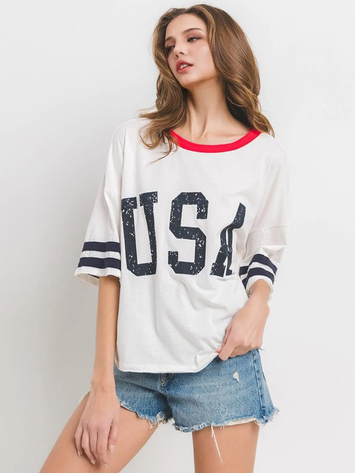 WOMEN'S SHORT SLEEVE USA COLORBLOCK BASIC TOP