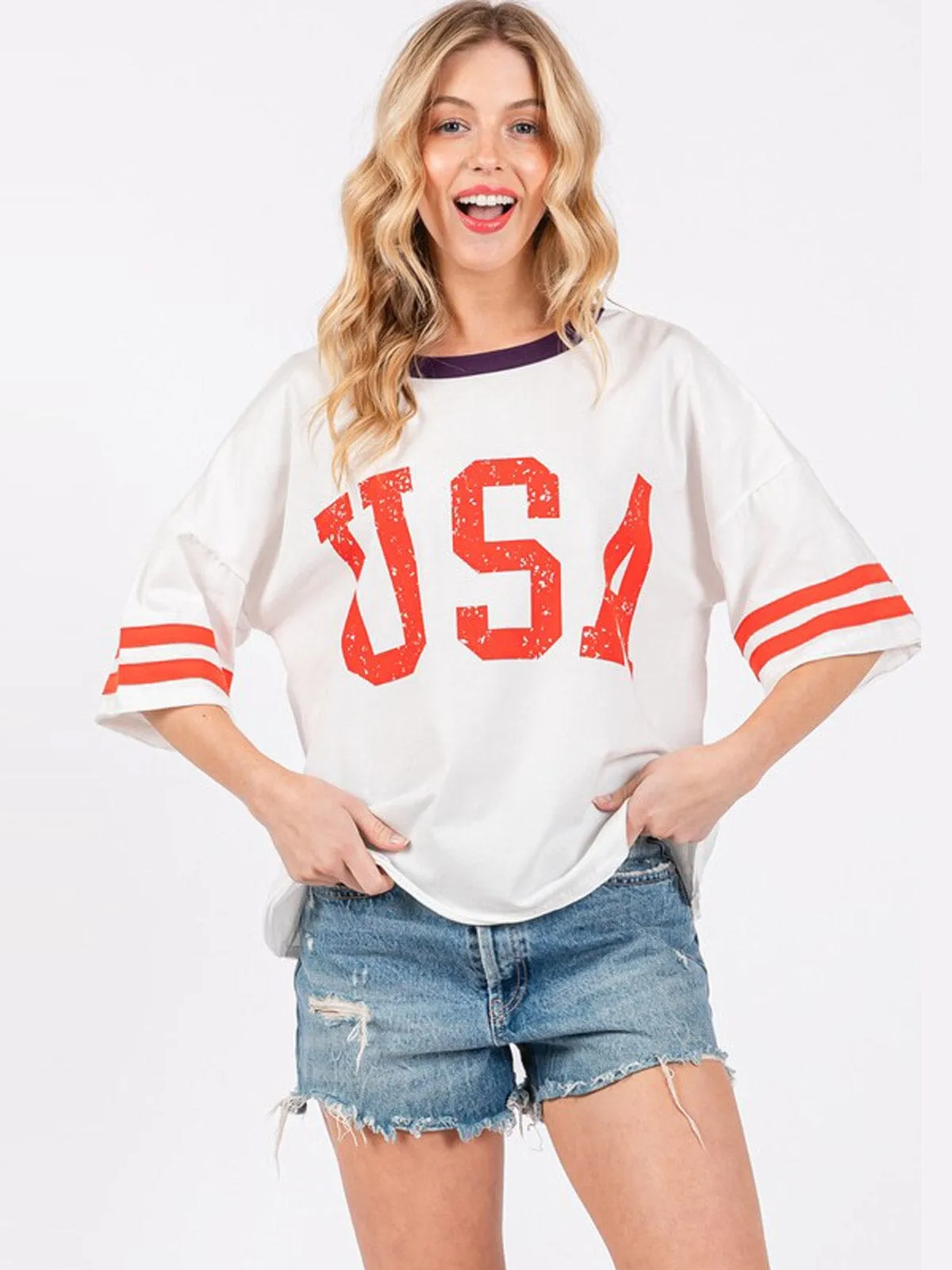WOMEN'S SHORT SLEEVE USA COLORBLOCK BASIC TOP