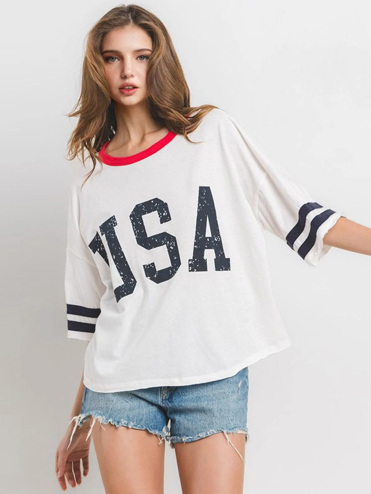 WOMEN'S SHORT SLEEVE USA COLORBLOCK BASIC TOP