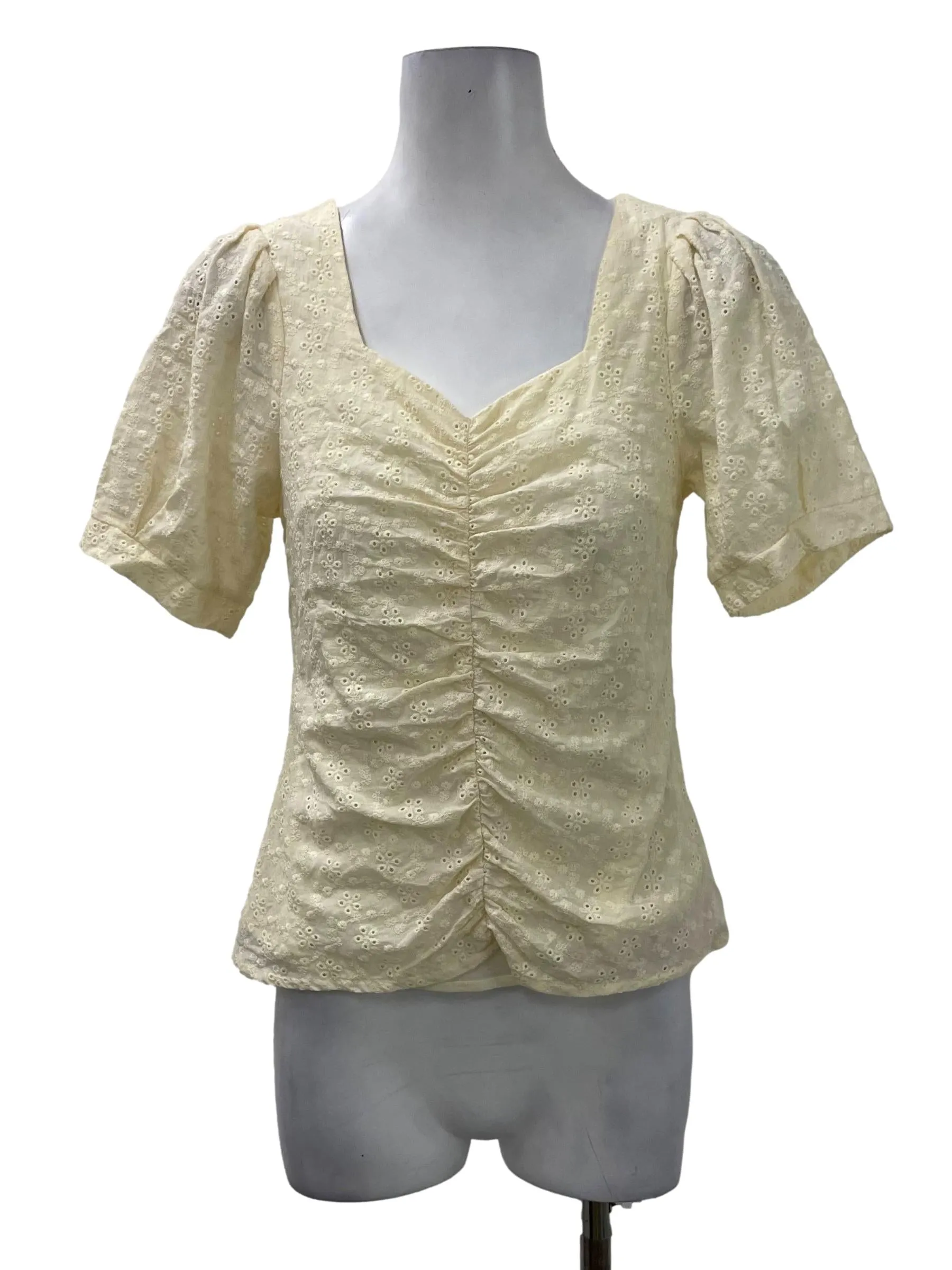 Yellow Ruched Sweetheart Eyelet Top