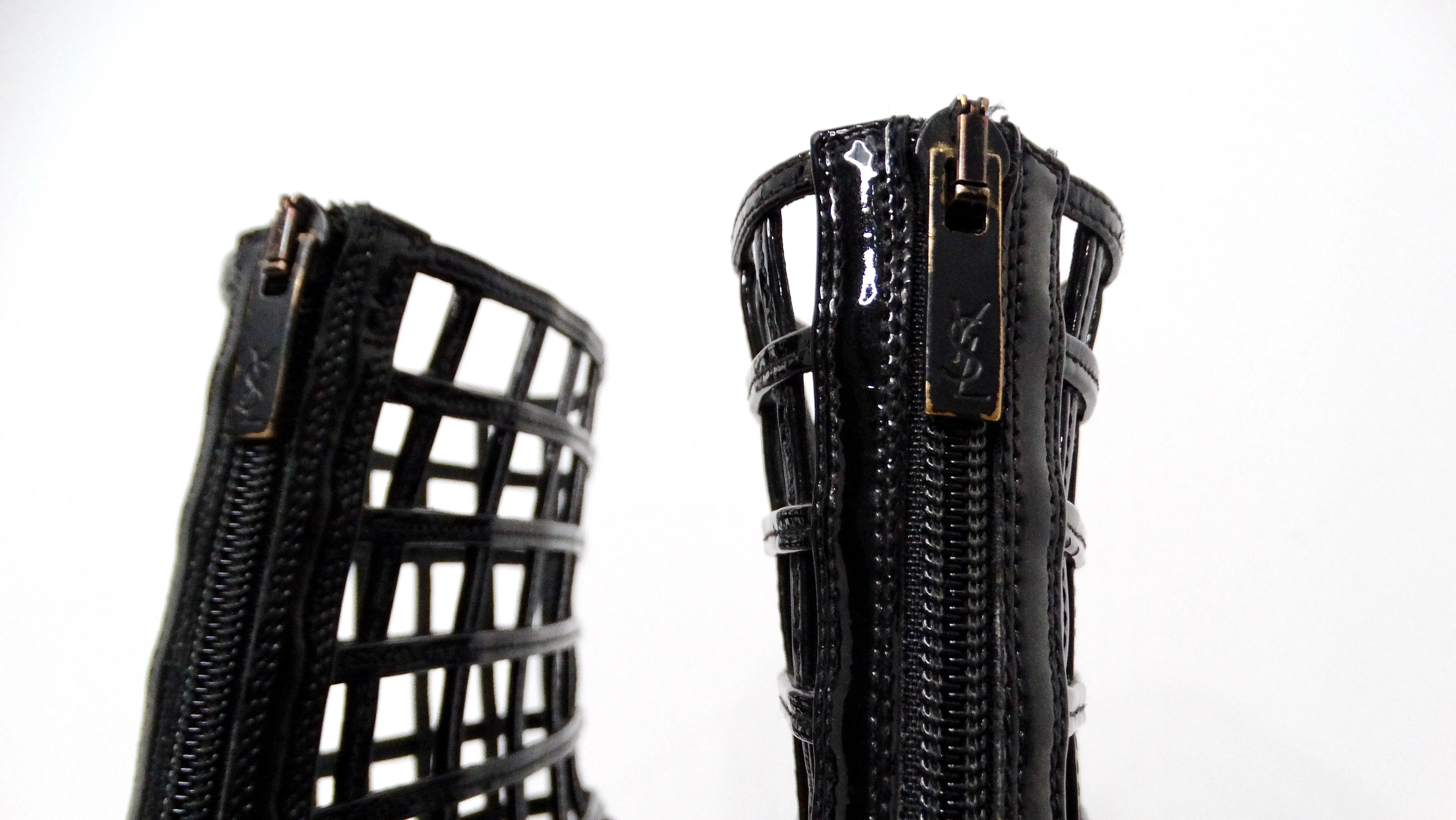Yves Saint Laurent 2009 Runway Black Patent Leather Cage Boots