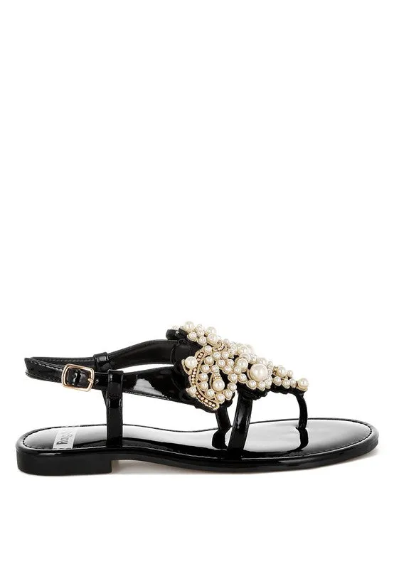 Zalata Pearl Studded Flat Sandals